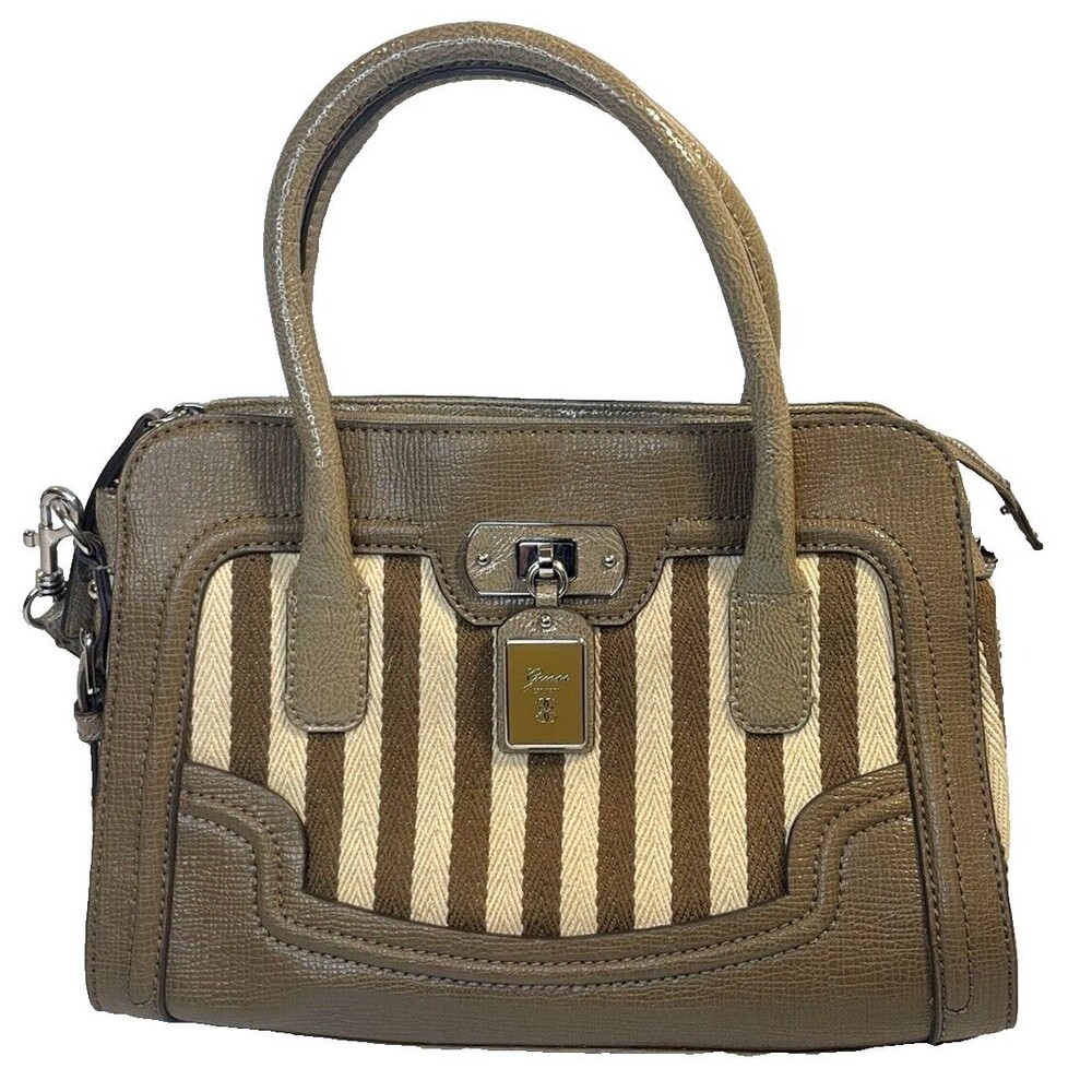 Guess Shoulder Handbag Brown Tan Canvas Pleather Zipper Vintage Cloth